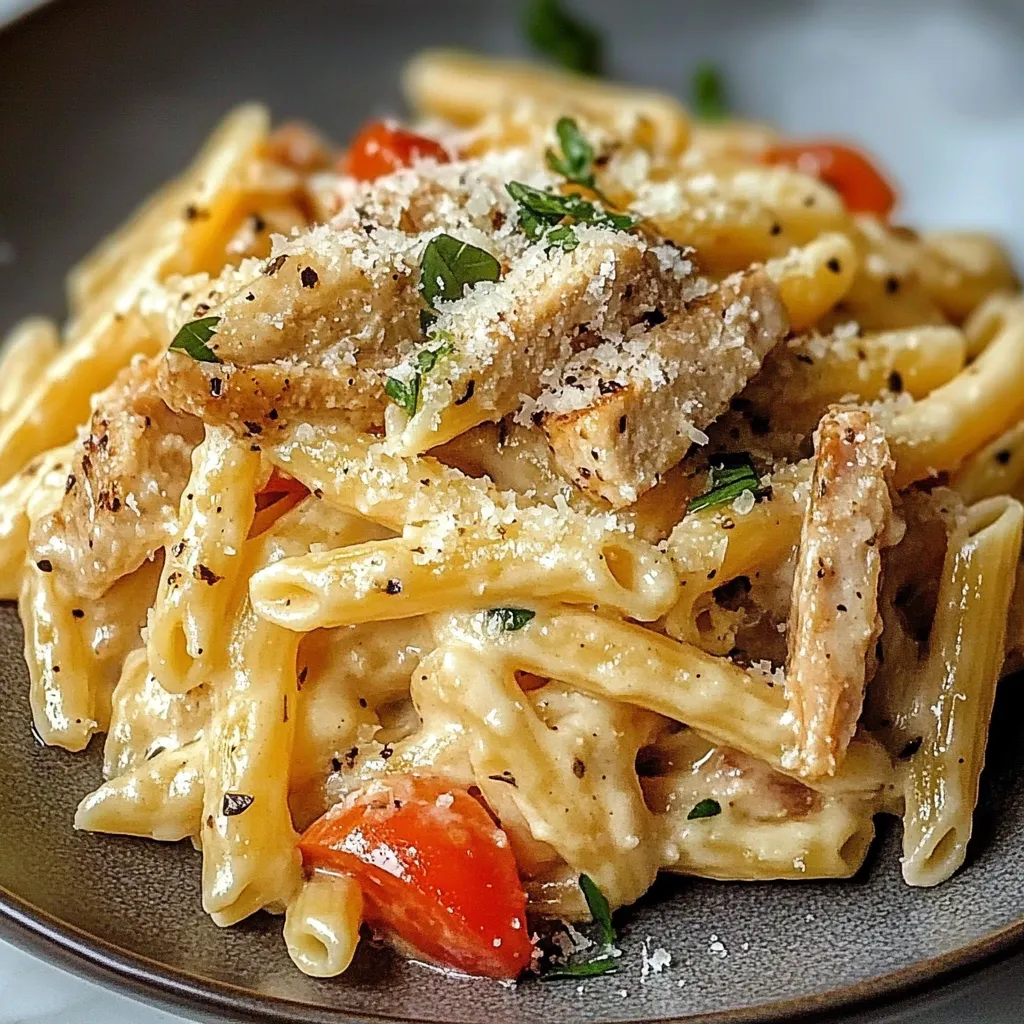 Pasta plate topped with chicken and veggies.