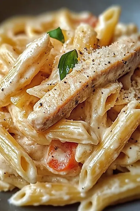 A plate of pasta with chicken and tomatoes.