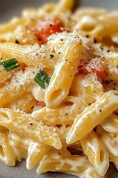 A plate of pasta with tomatoes and cheese.