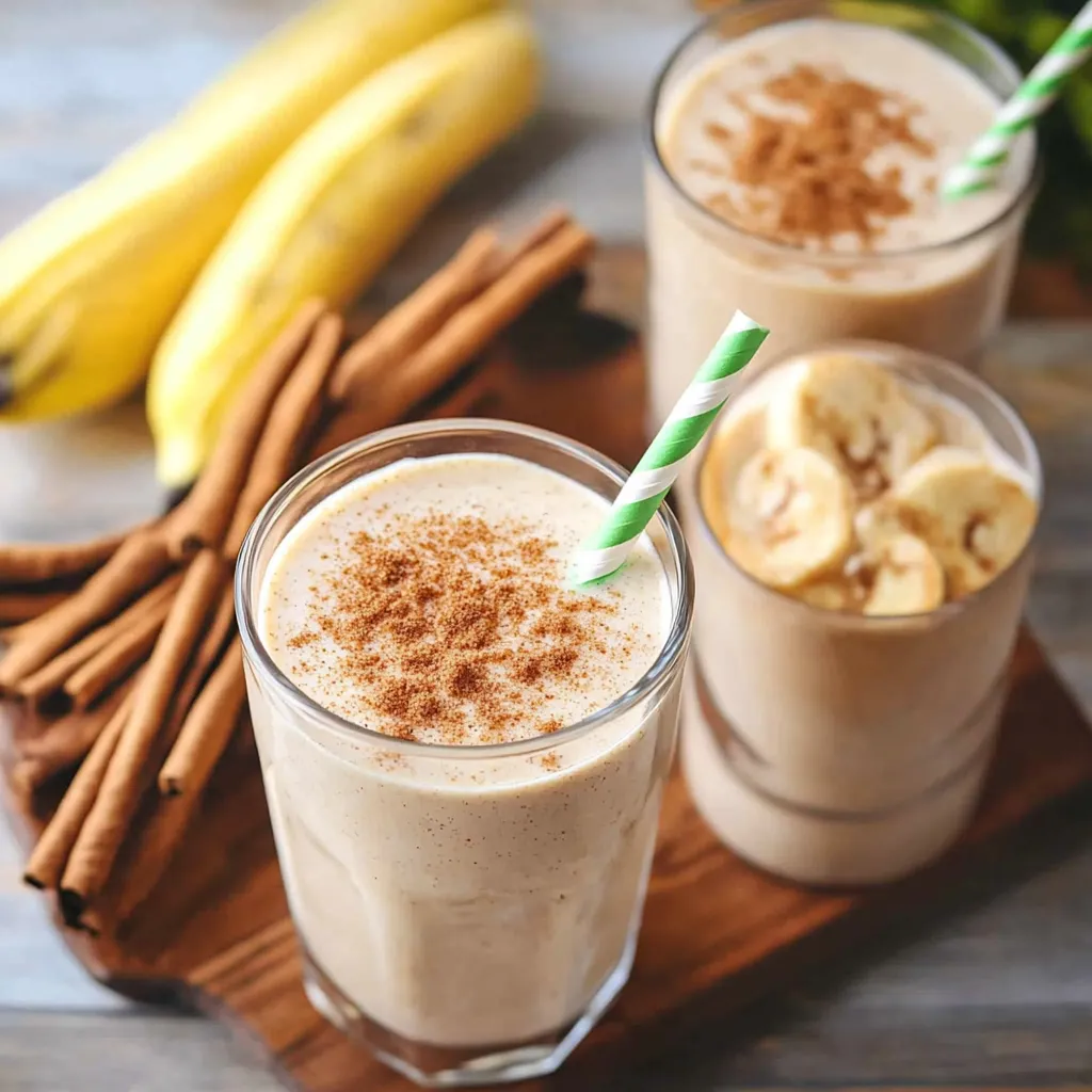 Two glasses filled with creamy shake topped with cinnamon.