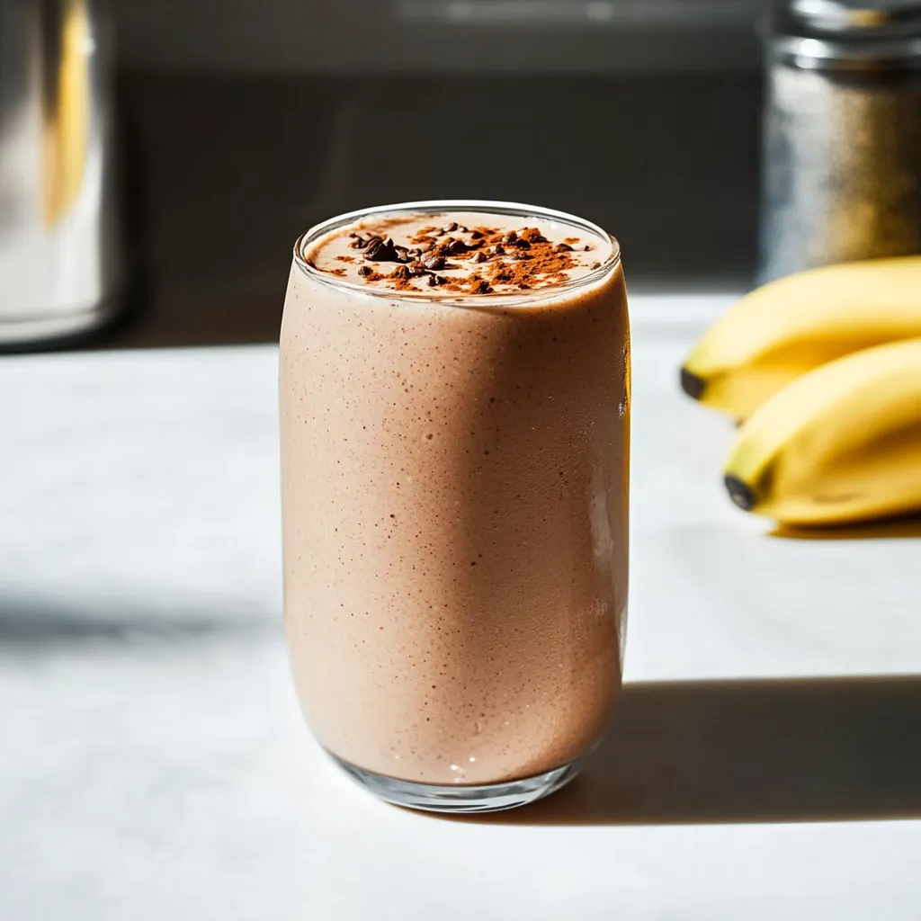 A glass of creamy chocolate smoothie with a banana on the side.
