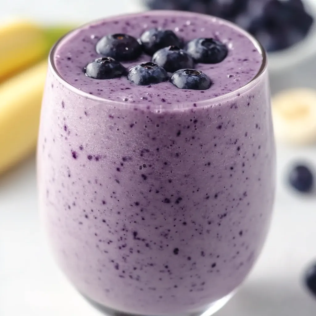A cup of banana blueberry smoothie topped with blueberries.