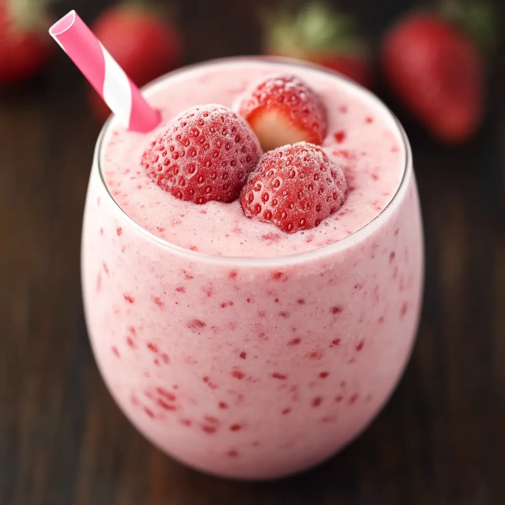 A glass of creamy strawberry drink with a straw.