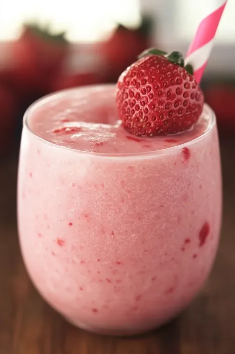 A pink strawberry drink in a glass with a fresh strawberry garnish.