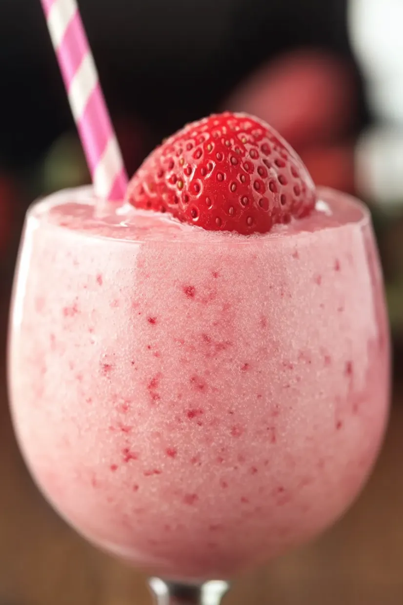 A strawberry smoothie in a clear glass with a fresh berry on the rim.