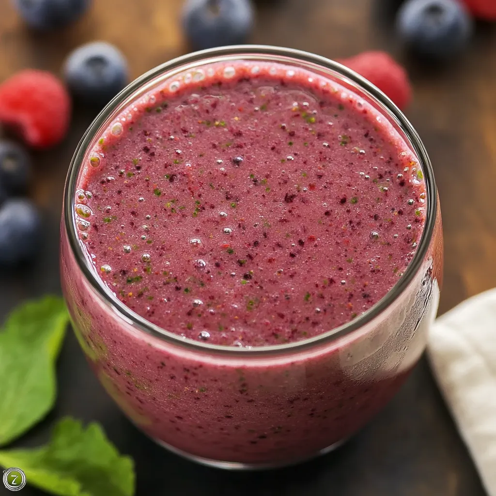 A glass of fruity spinach smoothie.