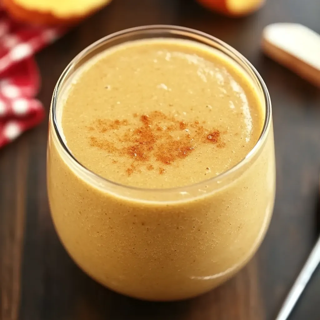 A glass of creamy pumpkin drink topped with cinnamon sprinkles.