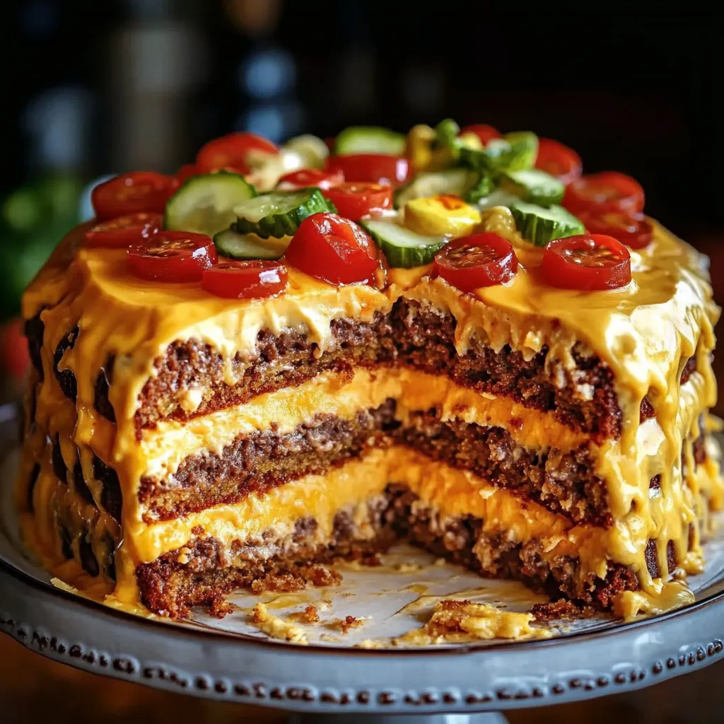A slice of layered dish with veggies on top.