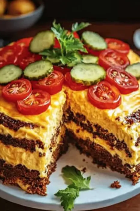 A slice of cake with tomatoes on top.