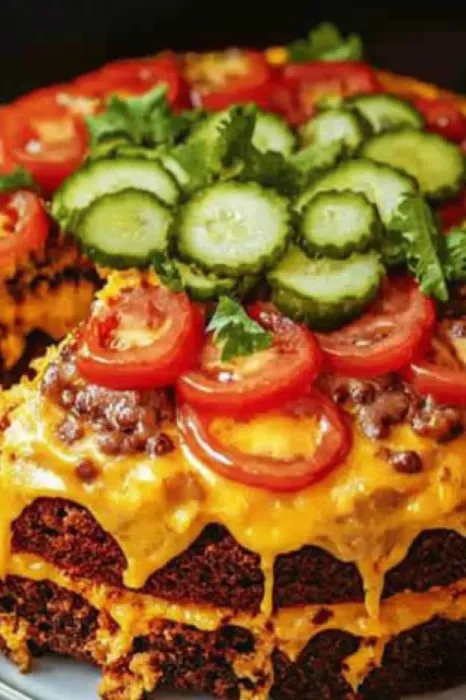 A slice of pizza with tomatoes and cucumbers on top.
