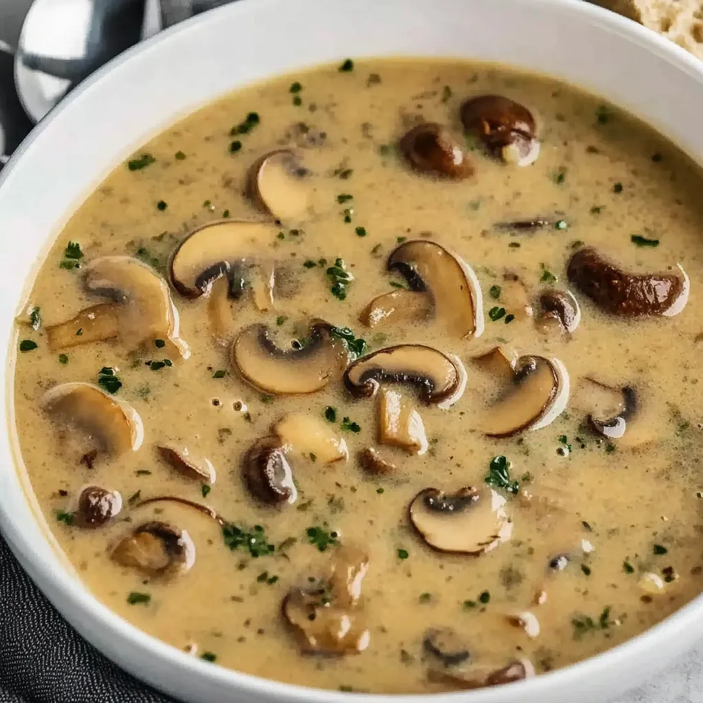 A cozy bowl of hot mushroom soup with herbs.