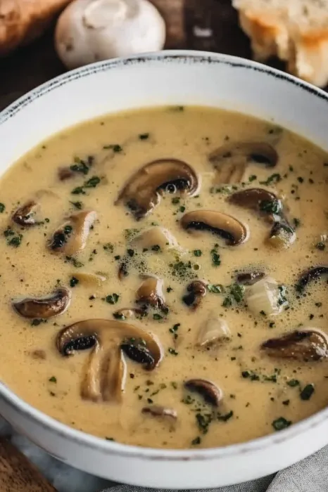 A bowl of soup with mushrooms and herbs.
