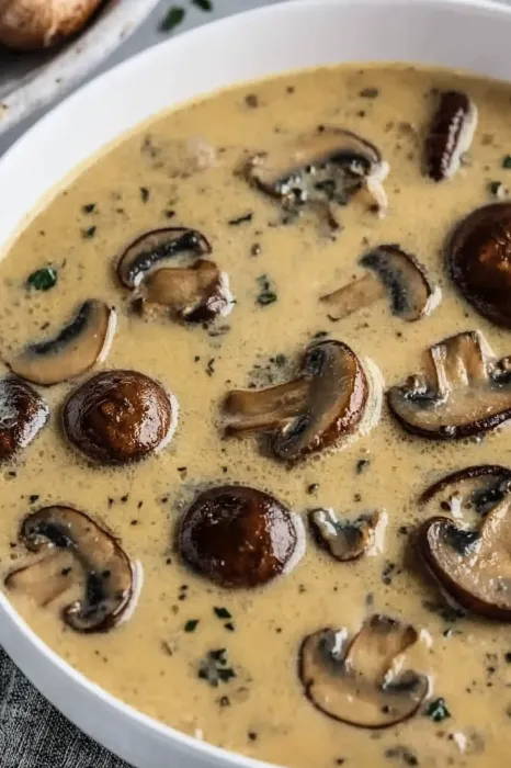 Mushrooms in a creamy sauce.