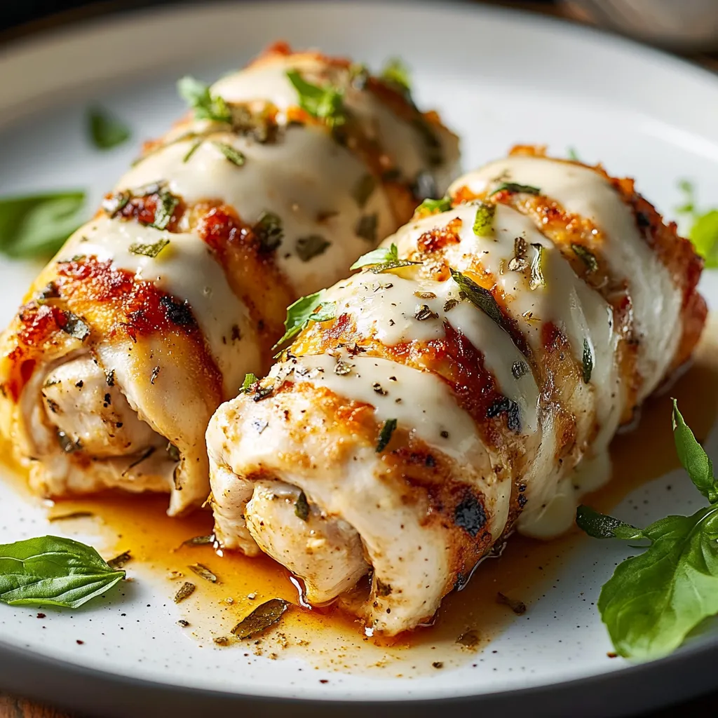 A plate holding two chicken pieces filled with cheese and garnished with herbs.