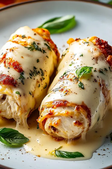 Two pieces of chicken with cheese and herbs.