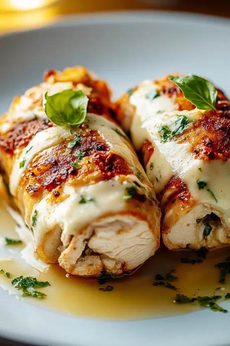 Two pieces of chicken with sauce on a plate.