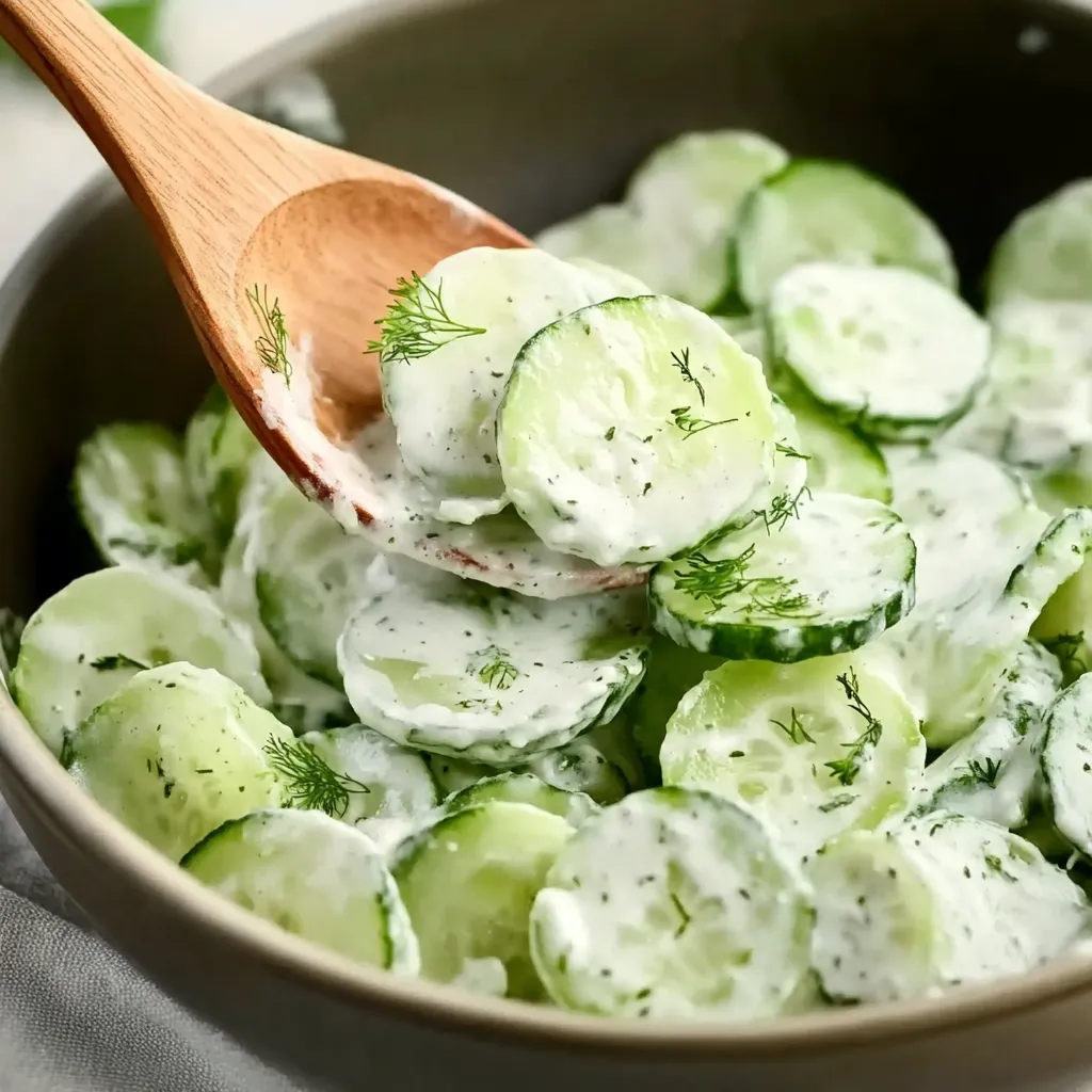 Cucumber slices scooped up by a wooden spoon.
