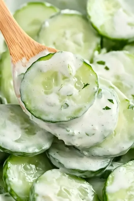 A wooden spoon with cucumber slices on it.