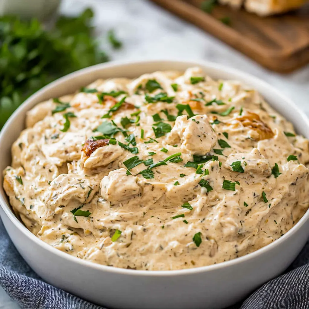 A bowl of creamy shredded chicken with fresh herbs.