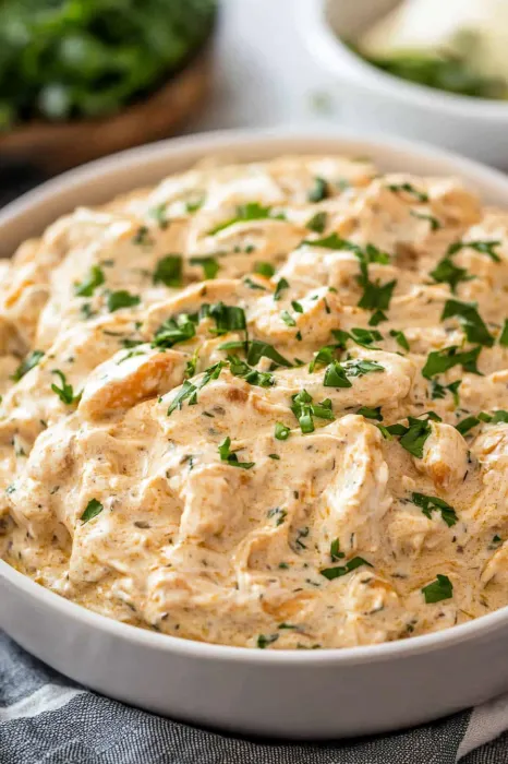 A bowl of chicken salad with green herbs.