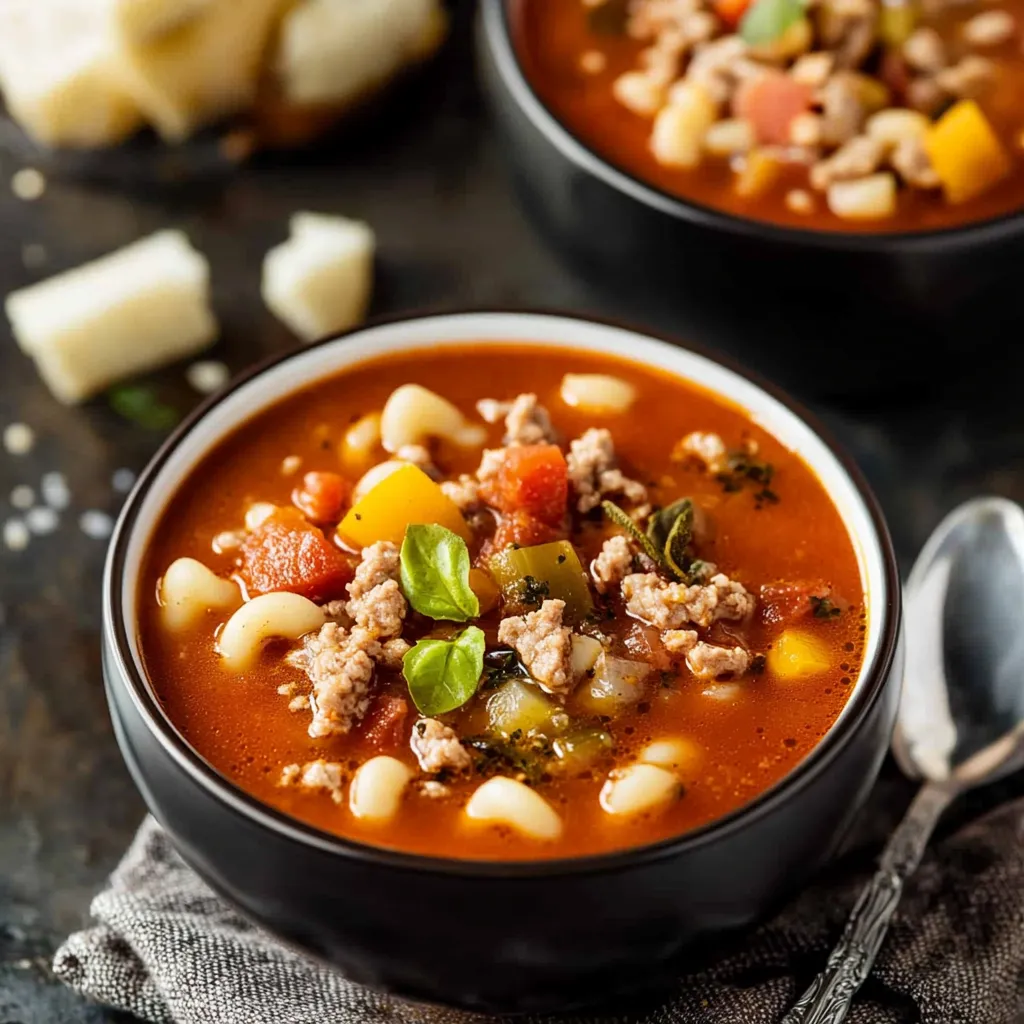 A steaming bowl of macaroni soup with vegetables and ground beef.