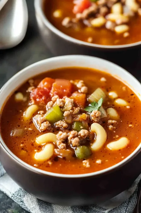 A bowl of soup with meat and vegetables.