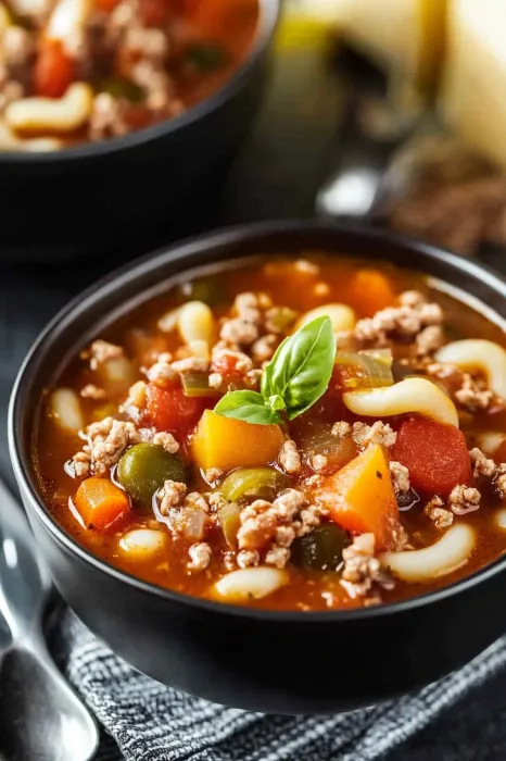 A bowl of soup with meat and vegetables.