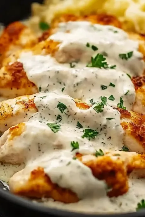 A plate of chicken with white sauce.