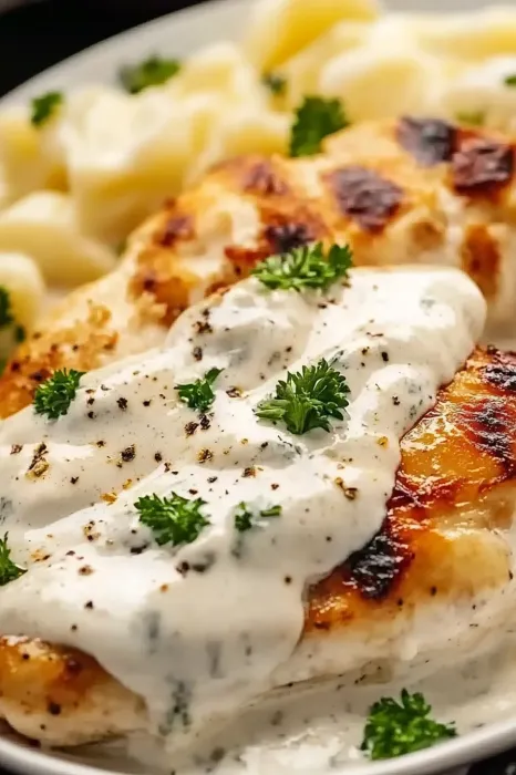 A piece of chicken with sauce on it.