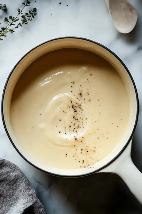 A bowl of soup with black spices.