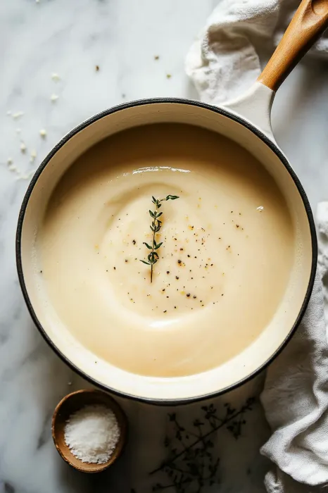 A bowl of soup with a sprig of thyme in it.