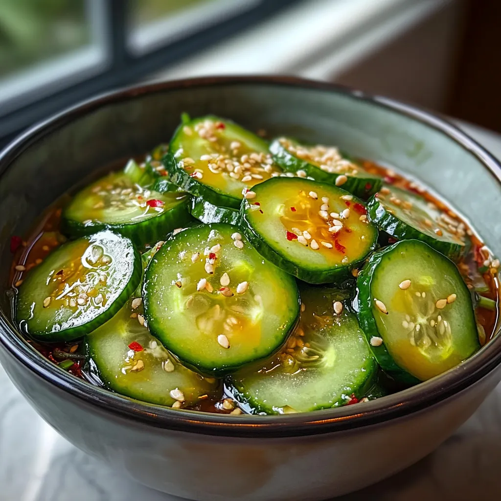A bowl of seasoned cucumber slices.