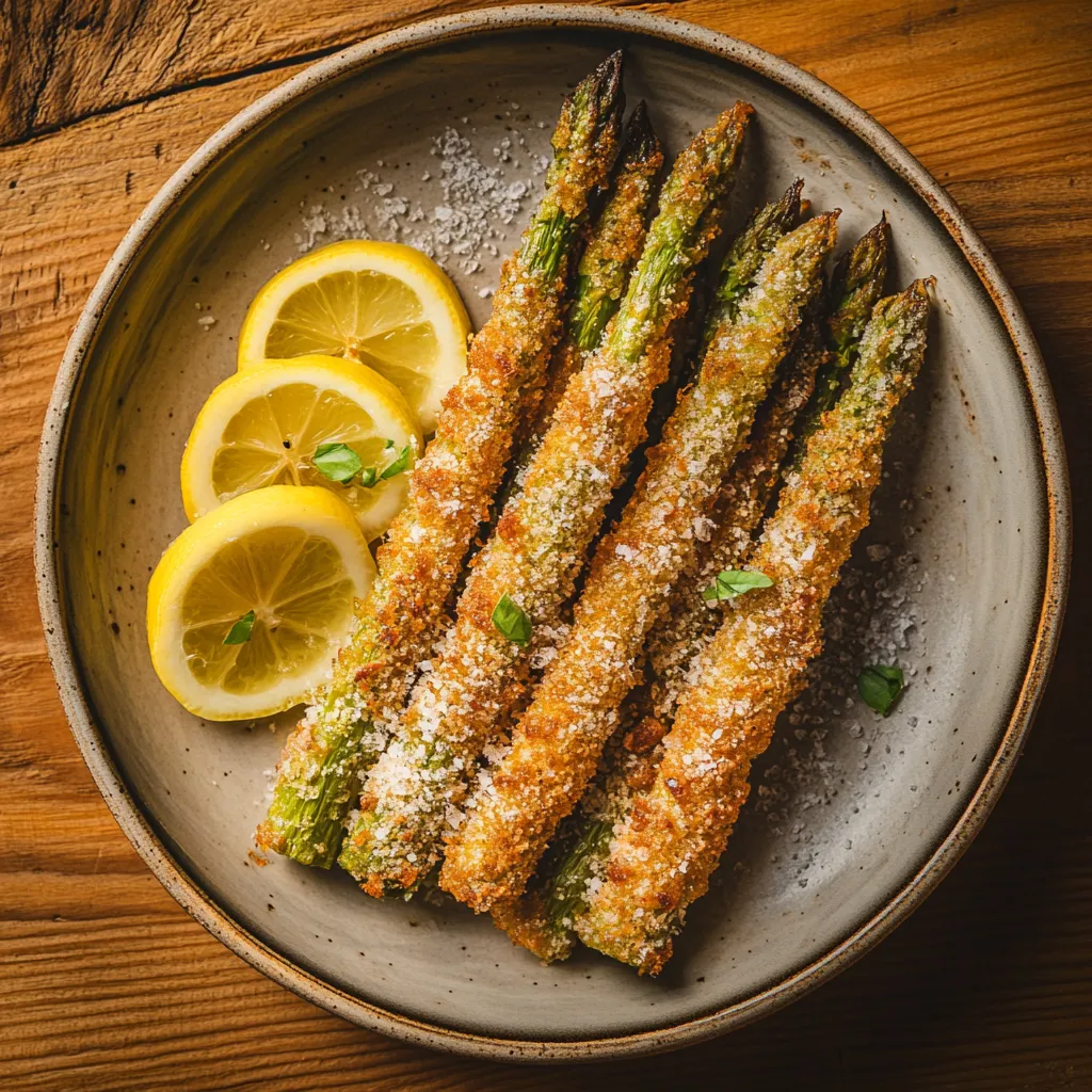 A bright asparagus dish paired with lemon slices.