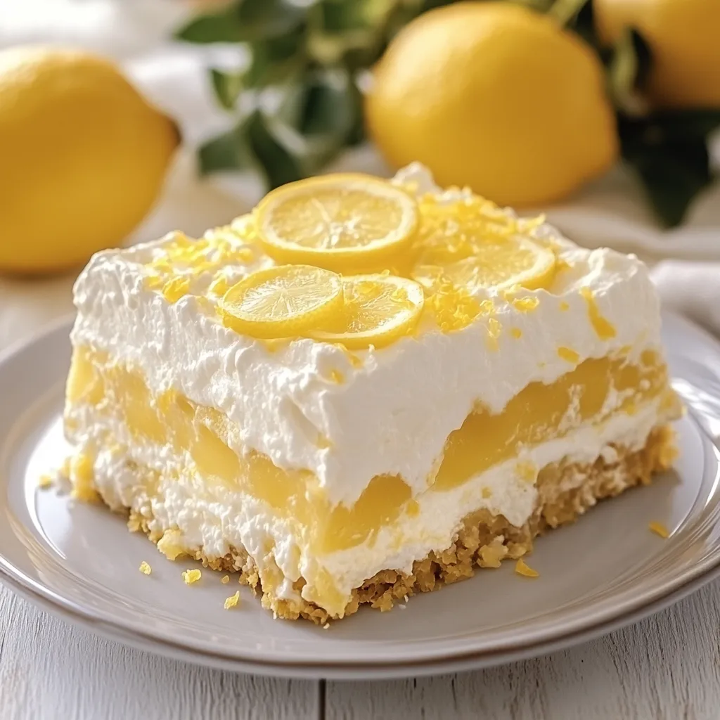 A creamy, layered lemon dessert slice with lemon slices on top.
