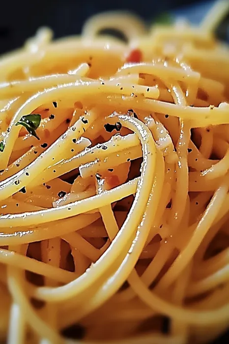 A close up of spaghetti with black specks.