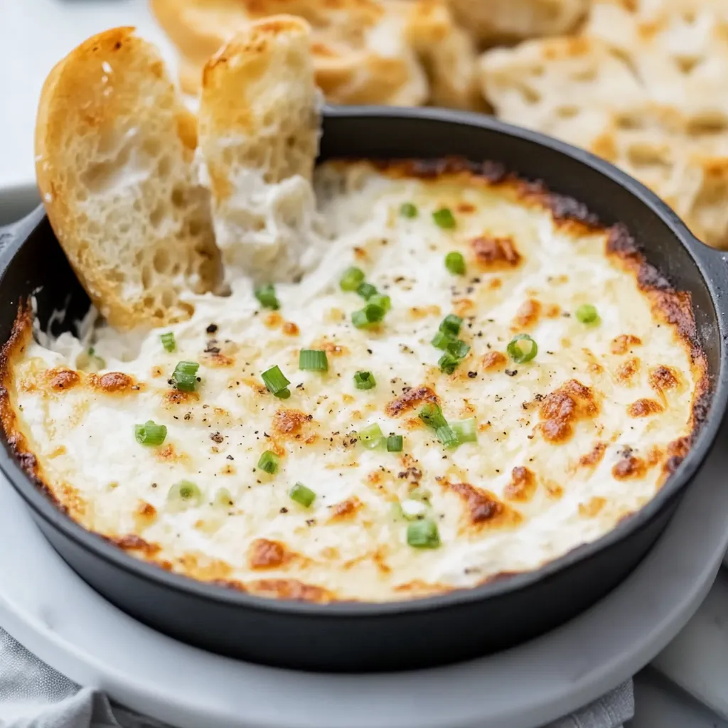 A bowl of cheesy dip with bread on the side.