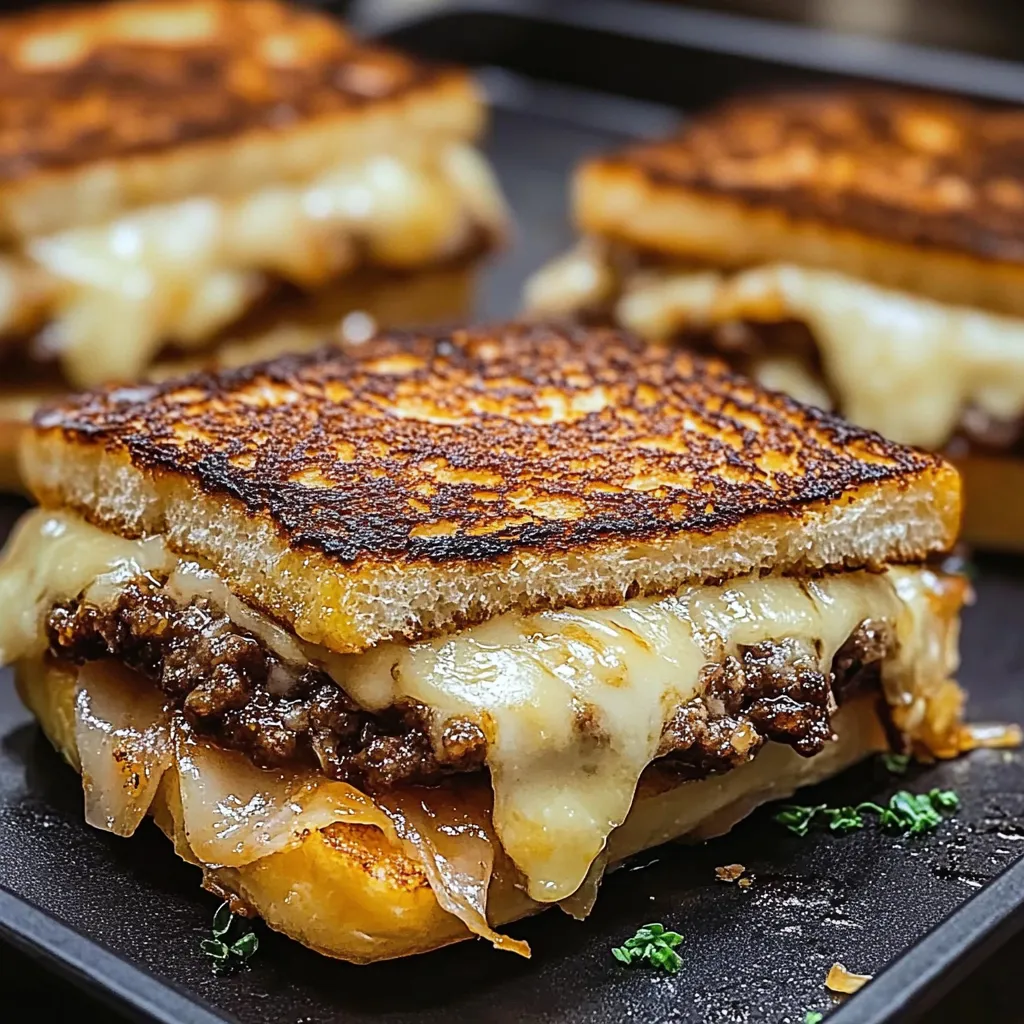 Close-up of a gooey grilled sandwich.