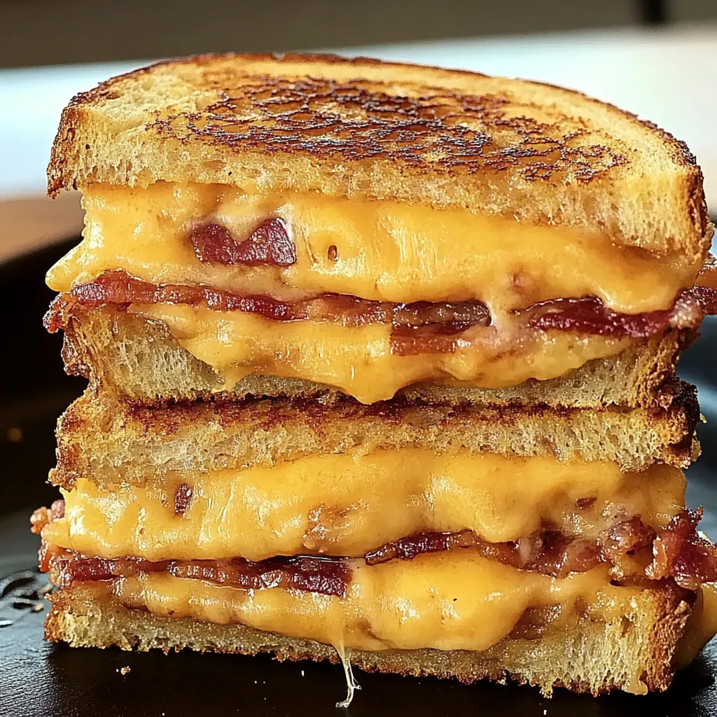 Three gooey grilled cheese sandwiches stacked together.