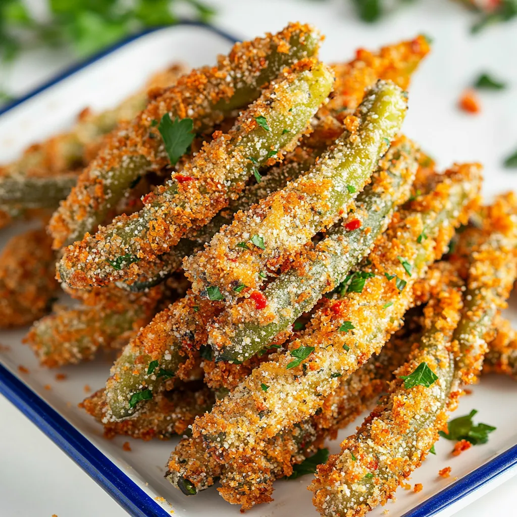 Golden fried green beans on a plate.