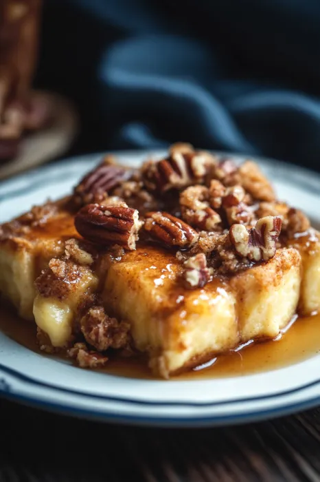 A slice of cake with nuts on top.