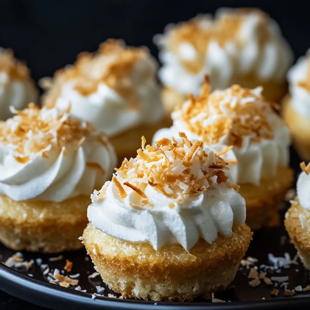 White cupcakes with toasted coconut on top, arranged on a plate.