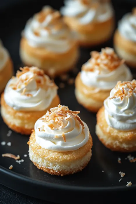 A plate of white cupcakes with coconut on top.