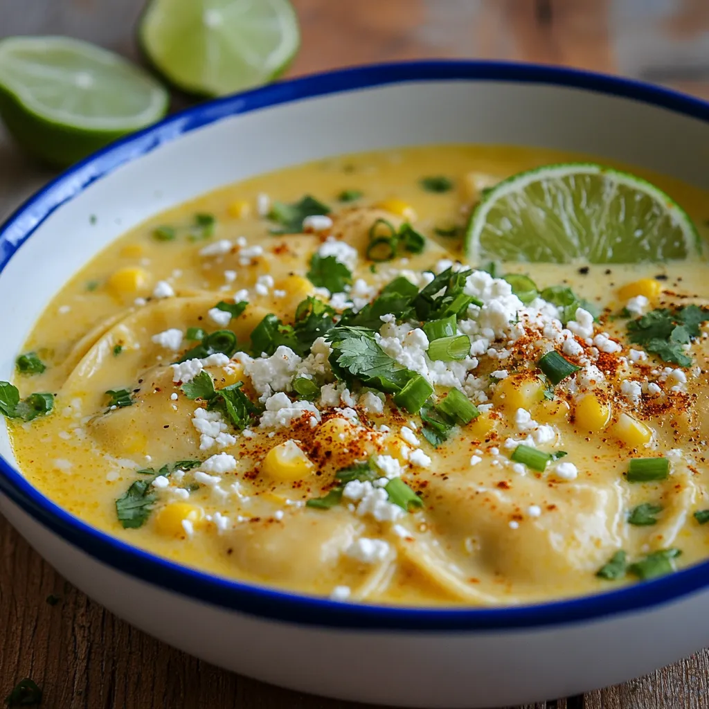 A comforting bowl of corn and ravioli soup, garnished with lime.