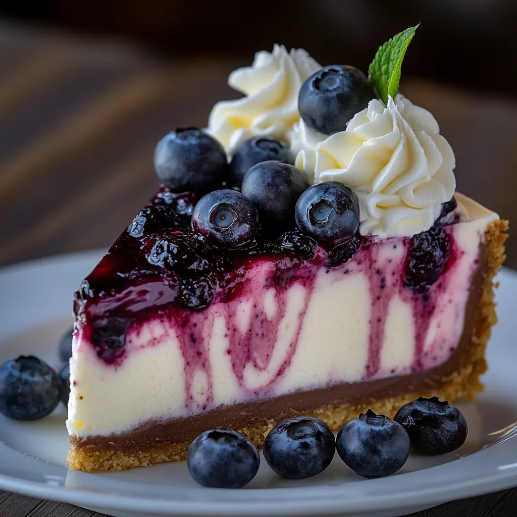 A slice of cheesecake with blueberries on top.