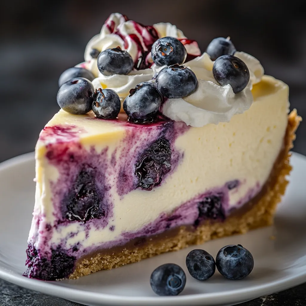 A slice of cheesecake with blueberries on top.