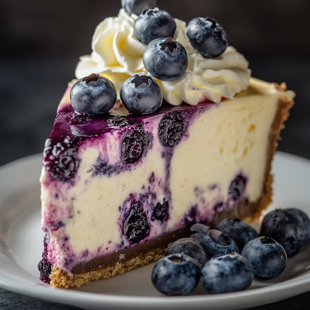 A slice of cheesecake with blueberries on top.