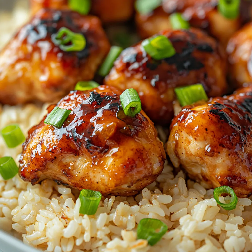 A dish of chicken, rice, and veggies topped with green onions.