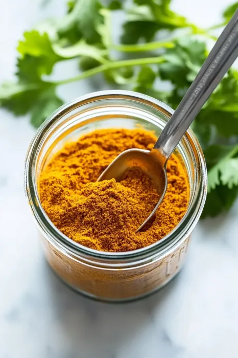 A spoon in a jar of orange spice.