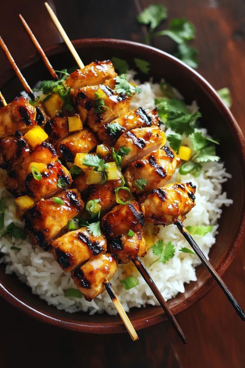 A bowl of rice with chicken skewers.