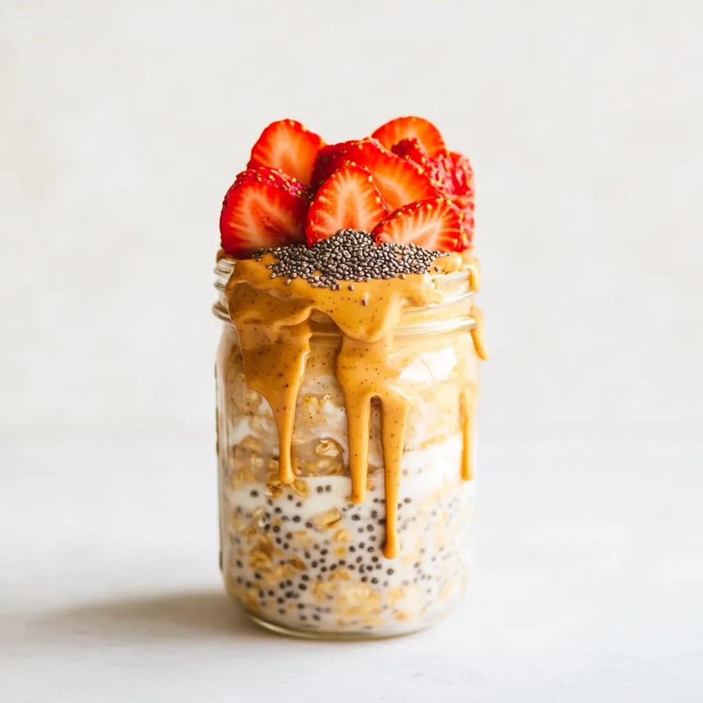 A glass jar filled with oats, topped with strawberries and nuts.